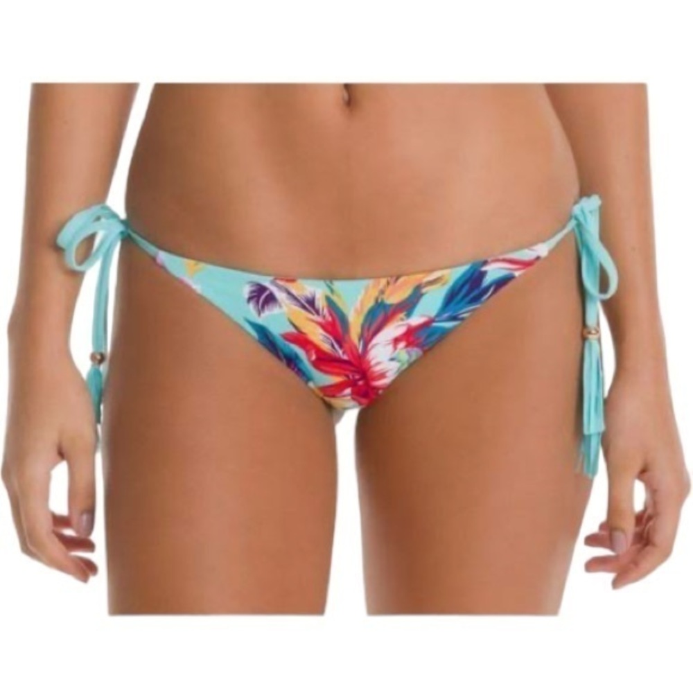 NEW Kikirio Floral Beaded Tassel Side Tie Bikini Bottom in Seafoam Green Blue